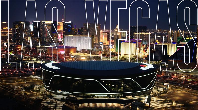 Las Vegas title card over Allegiant Stadium and the Strip at night