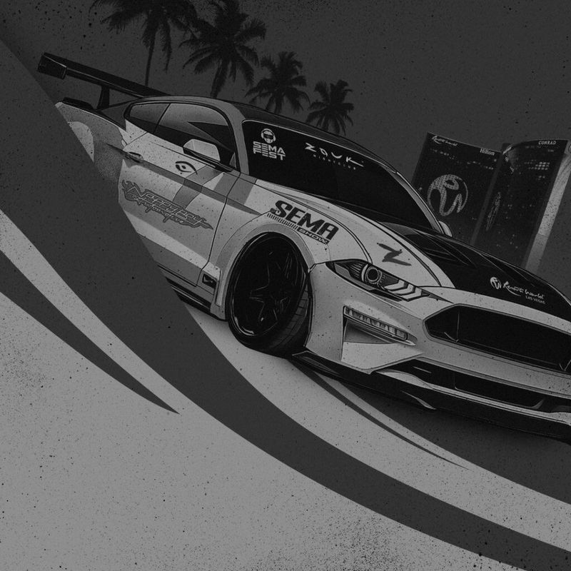 SEMA Fest Mustang illustration with Zouk branding